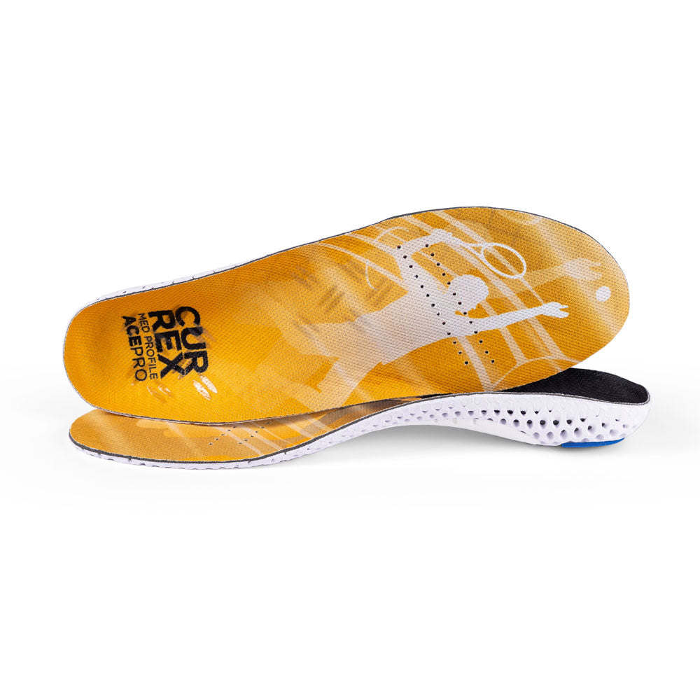 View of pair of yellow medium profile ACEPRO insoles, one standing on side to show top of insole, second insole set in front showing its profile while toe is facing opposite direction #profile_medium