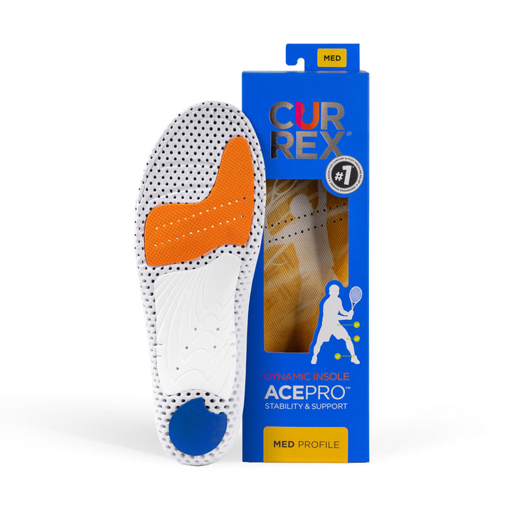 CURREX ACEPRO insole with white, orange, and blue base next to black box with yellow insole inside #profile_medium