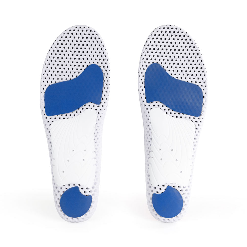 Base view of ACTIVEPRO high profile insole pair with white arch support, blue heel pad, blue forefoot pad, white base #profile_high