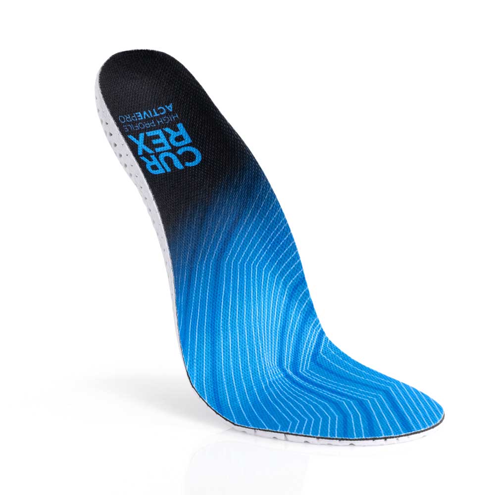 Floating top view of blue colored ACTIVEPRO high profile insoles with white base #profile_high