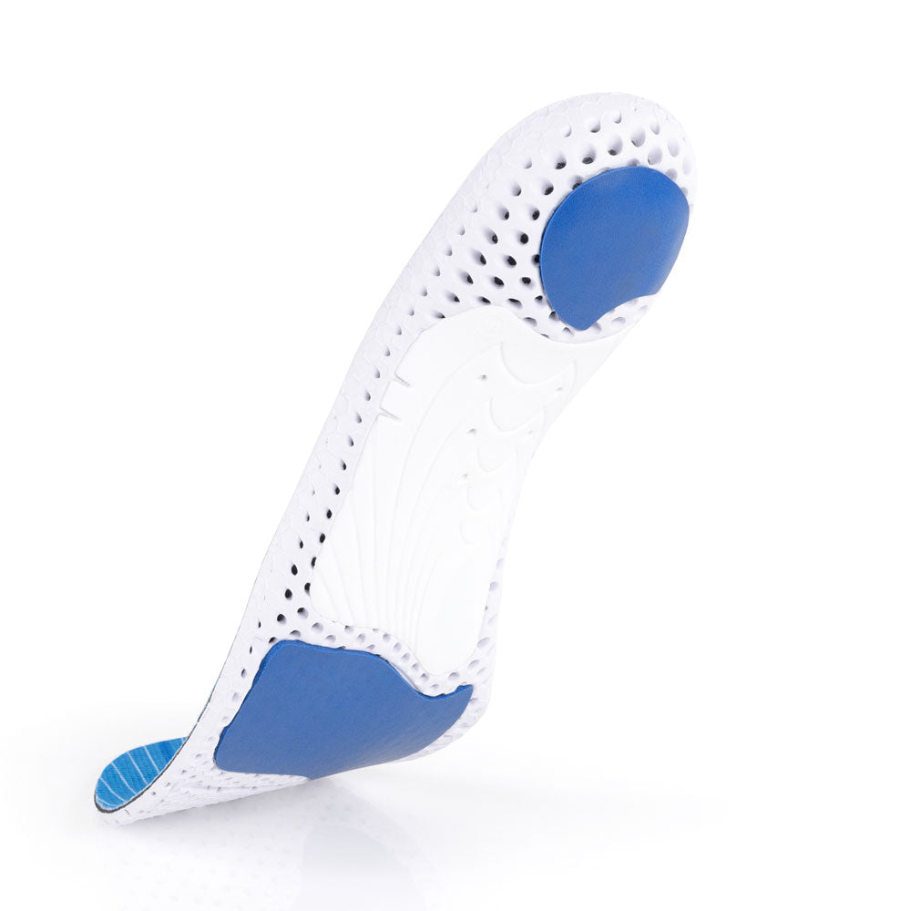 Floating base view of ACTIVEPRO high profile insoles with white arch support, blue heel pad, blue forefoot cushion, white base #profile_high