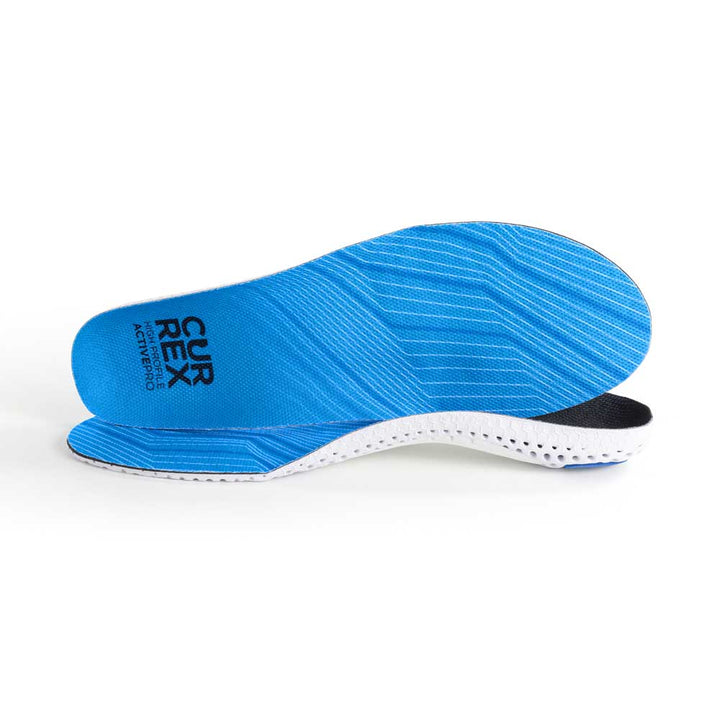 View of pair of blue high profile ACTIVEPRO insoles, one standing on side to show top of insole, second insole set in front showing its profile while toe is facing opposite direction #profile_high