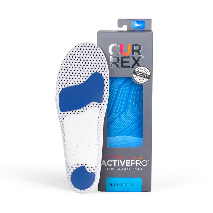 CURREX ACTIVEPRO insole white and blue base next to gray box with blue insole inside #profile_high