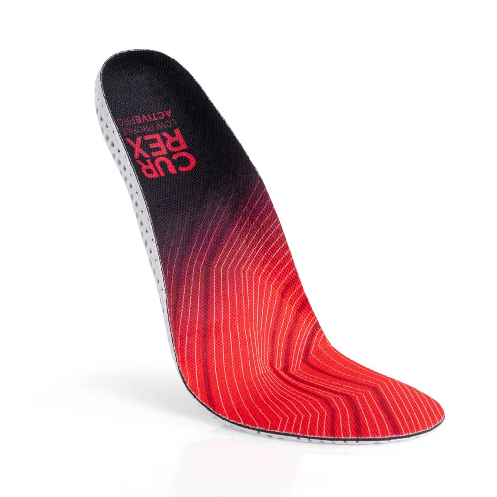 Floating top view of red colored ACTIVEPRO low profile insoles with white base #profile_low