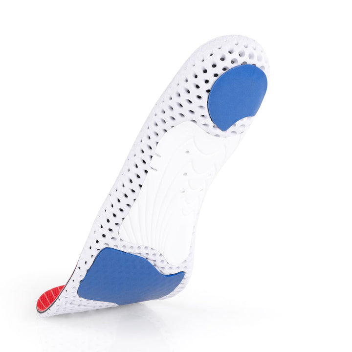 Floating base view of ACTIVEPRO low profile insoles with white arch support, blue heel pad, blue forefoot cushion, white base #profile_low