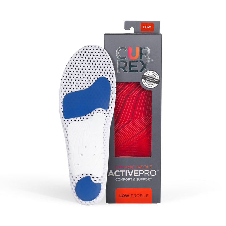 CURREX ACTIVEPRO insole white and blue base next to gray box with red insole inside #profile_low