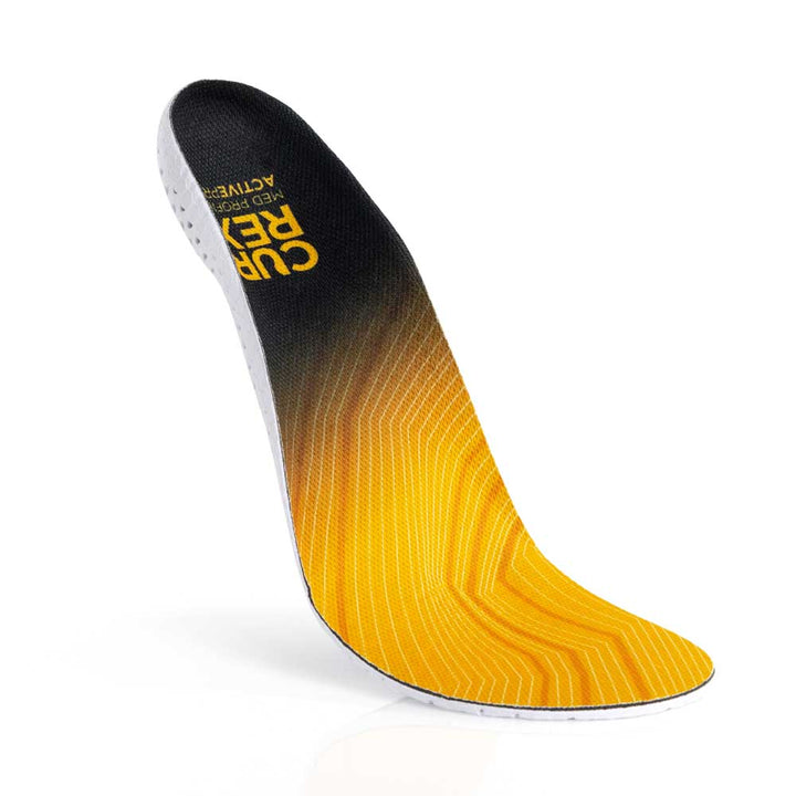 Floating top view of yellow colored ACTIVEPRO medium profile insoles with white base #profile_medium
