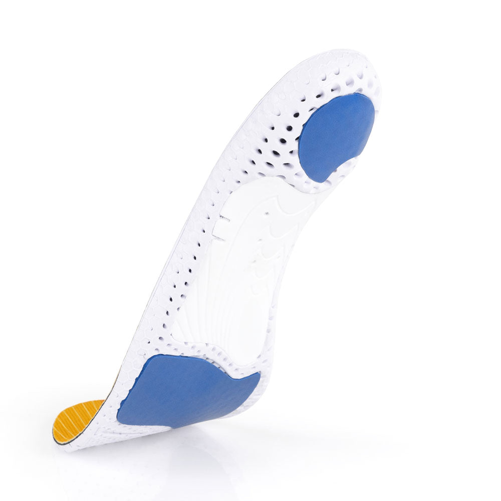 Floating base view of ACTIVEPRO medium profile insoles with white arch support, blue heel pad, blue forefoot cushion, white base #profile_medium
