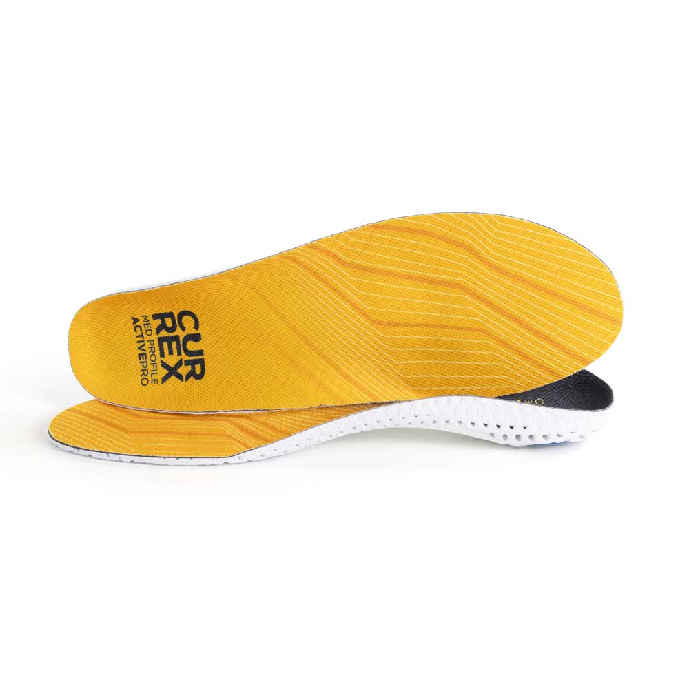 View of pair of yellow medium profile ACTIVEPRO insoles, one standing on side to show top of insole, second insole set in front showing its profile while toe is facing opposite direction #profile_medium