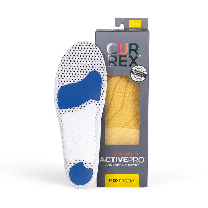 CURREX ACTIVEPRO insole white and blue base next to gray box with yellow insole inside #profile_medium