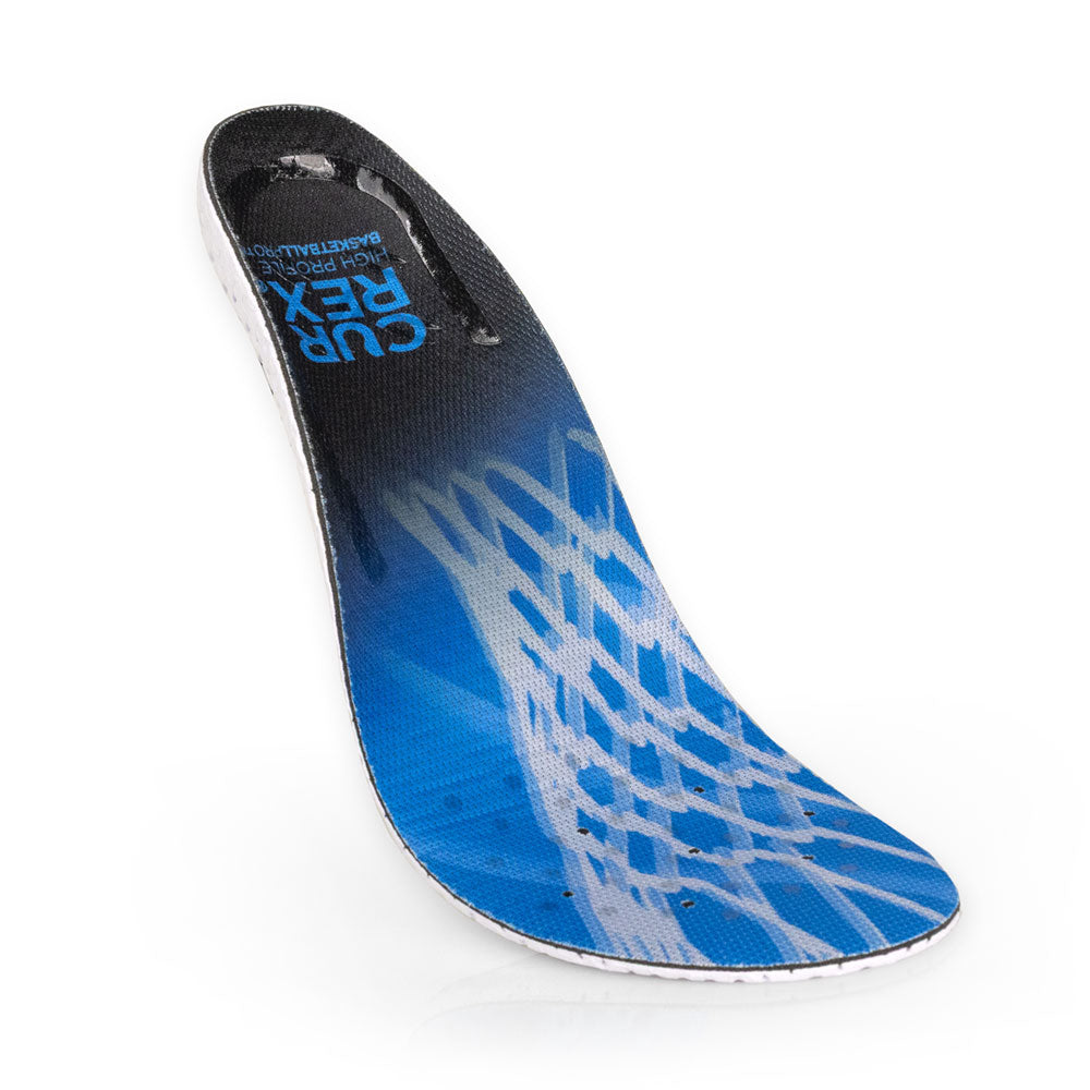 Floating top view of blue colored BASKETBALLPRO high profile insoles with white base #profile_high
