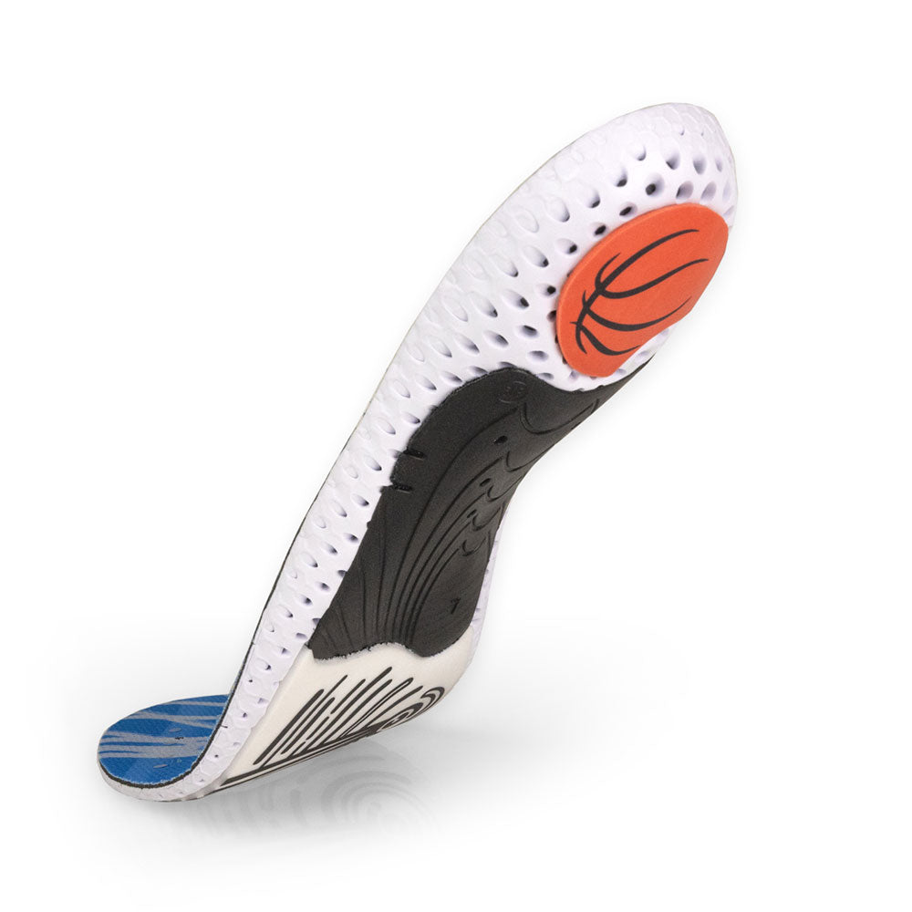 Floating base view of BASKETBALLPRO high profile insoles with black arch support, orange heel pad, white forefoot cushioning, white base #profile_high