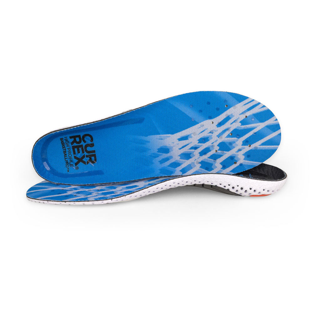View of pair of blue high profile BASKETBALLPRO insoles, one standing on side to show top of insole, second insole set in front showing its profile while toe is facing opposite direction #profile_high