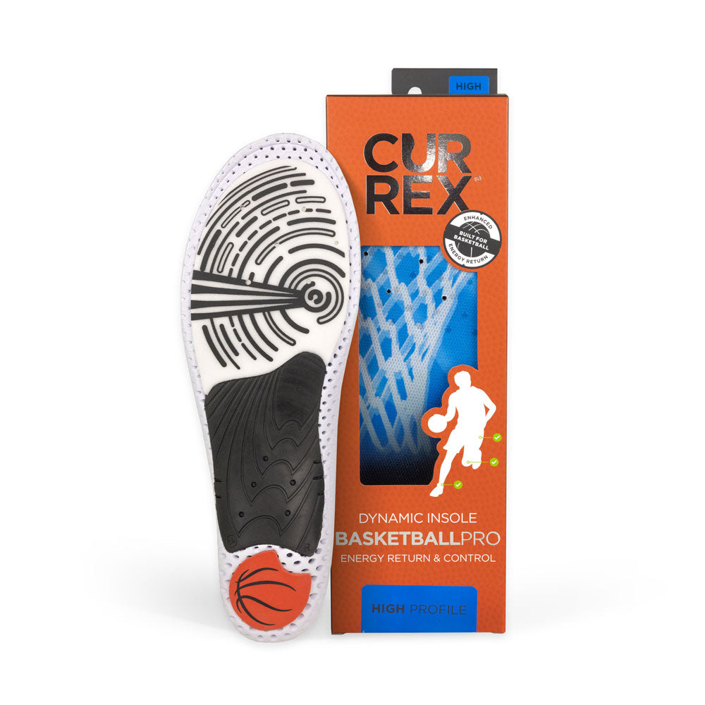 CURREX BASKETBALLPRO insole white, black and orange base next to orange box with blue insole inside #profile_high