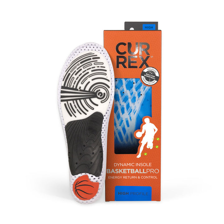 CURREX BASKETBALLPRO insole white, black and orange base next to orange box with blue insole inside #profile_high