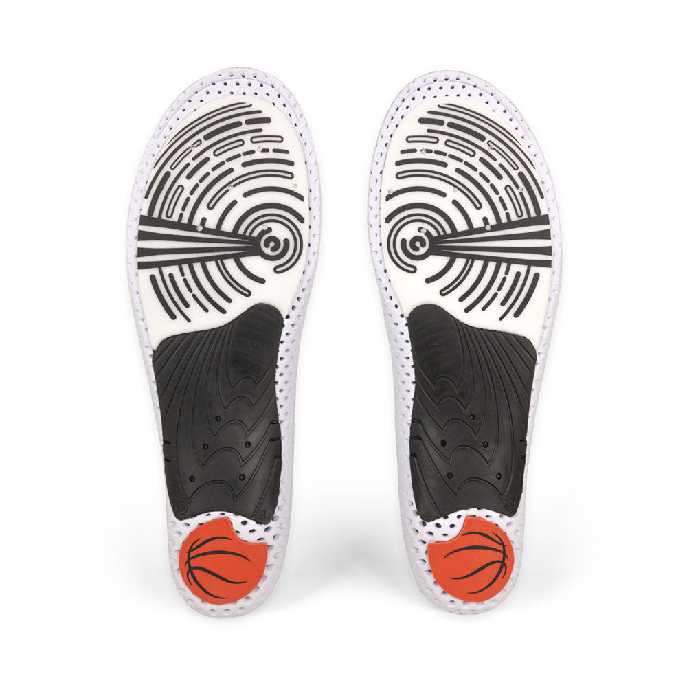 Base view of BASKETBALLPRO low profile insole pair with black arch support, orange heel pad, white forefoot cushioning with black traction grips, white base #profile_low