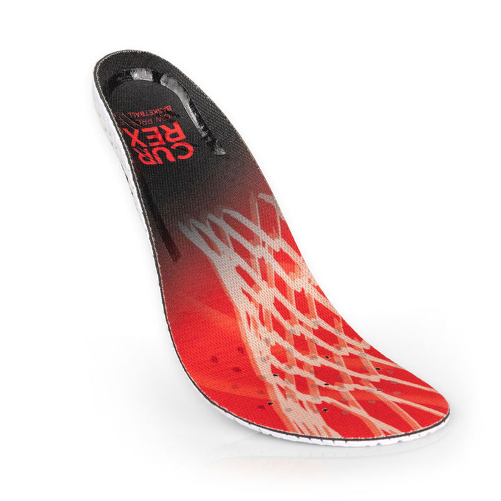 Floating top view of red colored BASKETBALLPRO low profile insoles with white base #profile_low