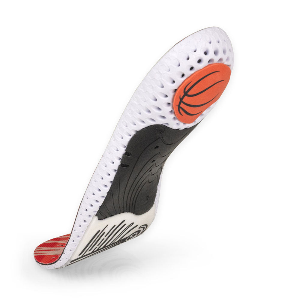 Floating base view of BASKETBALLPRO low profile insoles with black arch support, orange heel pad, white forefoot cushioning, white base #profile_low