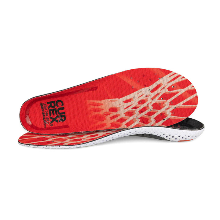 View of pair of red low profile BASKETBALLPRO insoles, one standing on side to show top of insole, second insole set in front showing its profile while toe is facing opposite direction #profile_low