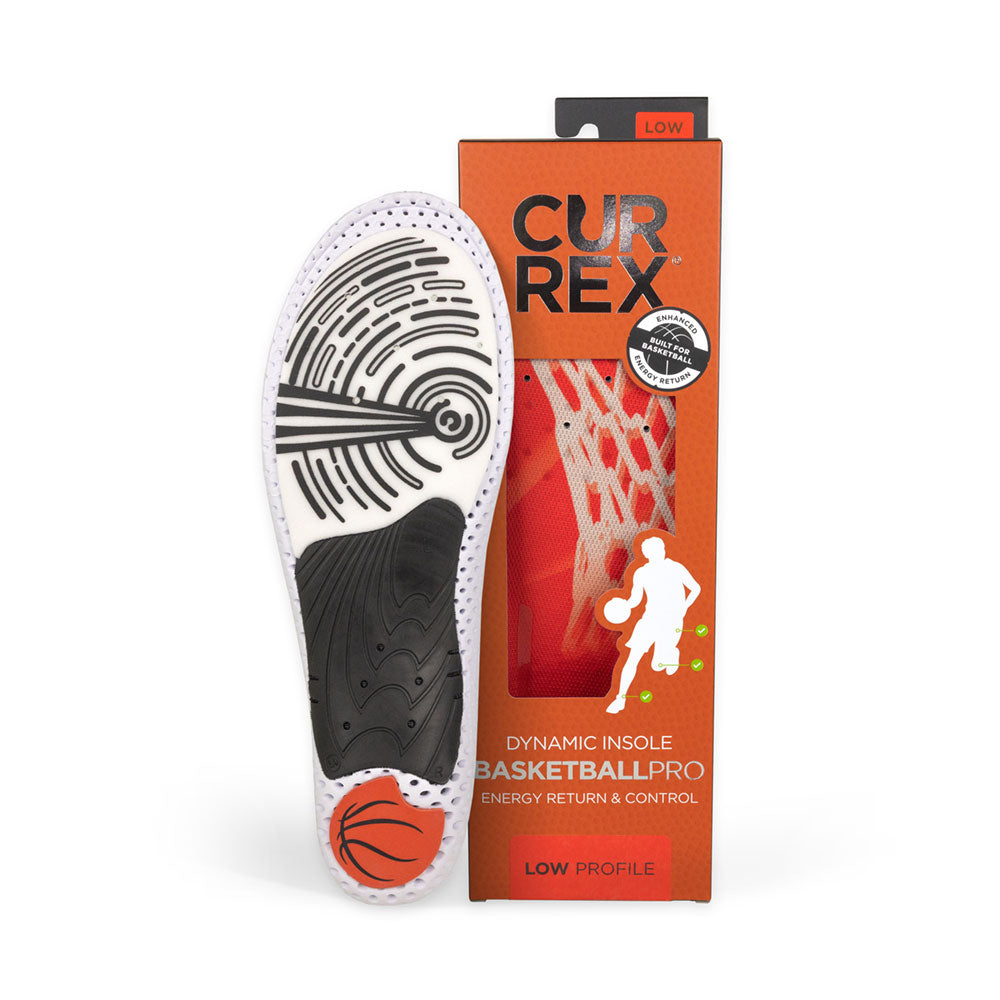 CURREX BASKETBALLPRO insole white, black and orange base next to orange box with red insole inside #profile_low
