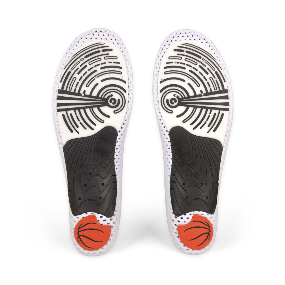 Base view of BASKETBALLPRO medium profile insole pair with black arch support, orange heel pad, white forefoot cushioning with black traction grips, white base #profile_medium