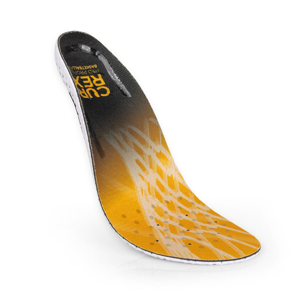 Floating top view of yellow colored BASKETBALLPRO medium profile insoles with white base #profile_medium
