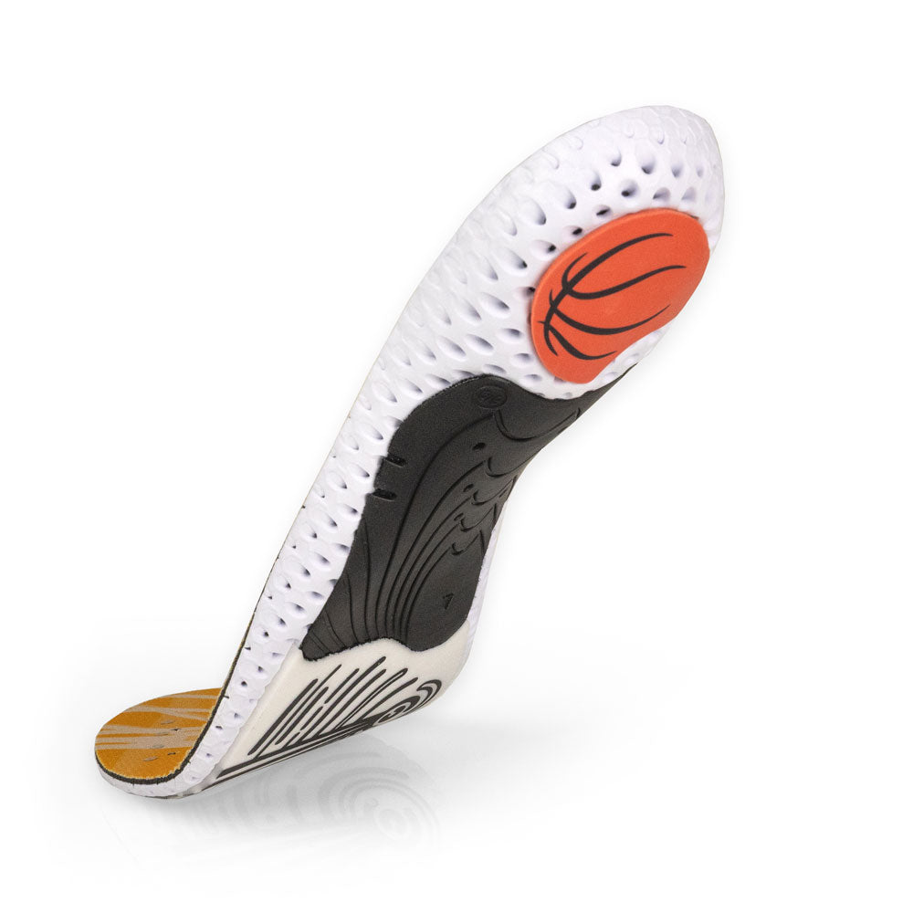 Floating base view of BASKETBALLPRO medium profile insoles with black arch support, orange heel pad, white forefoot cushioning, white base #profile_medium