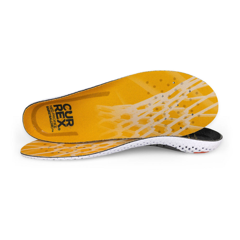 View of pair of yellow medium profile BASKETBALLPRO insoles, one standing on side to show top of insole, second insole set in front showing its profile while toe is facing opposite direction #profile_medium