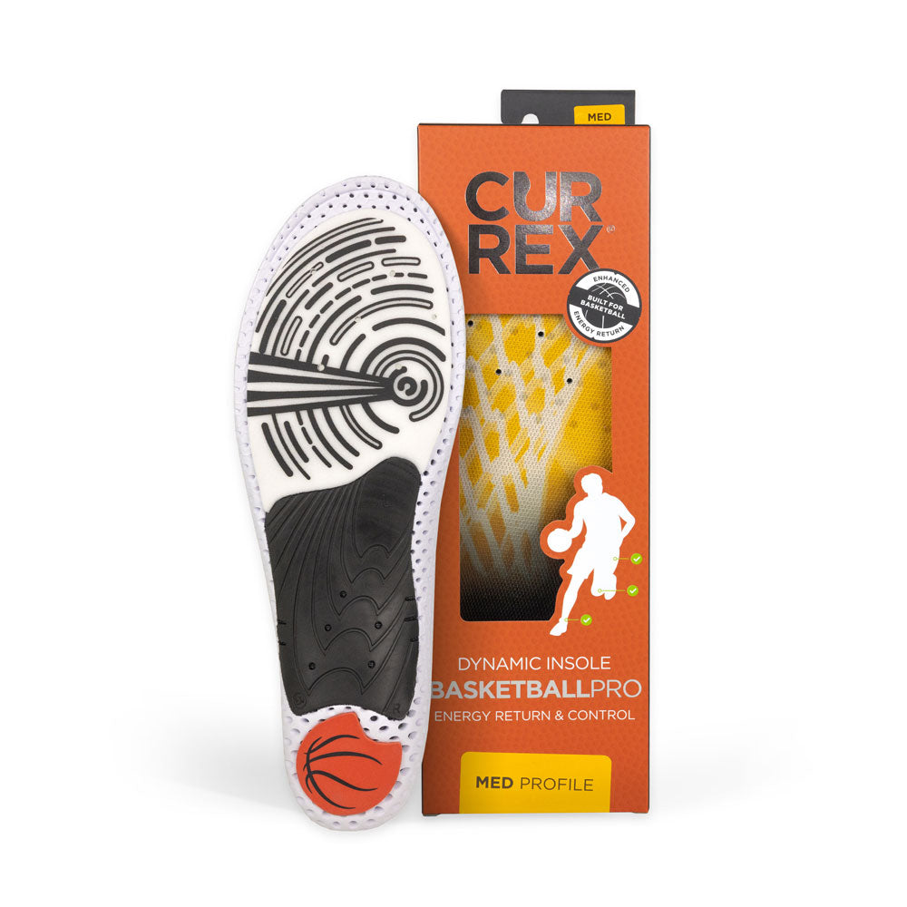 CURREX BASKETBALLPRO insole white, black and orange base next to orange box with yellow insole inside #profile_medium