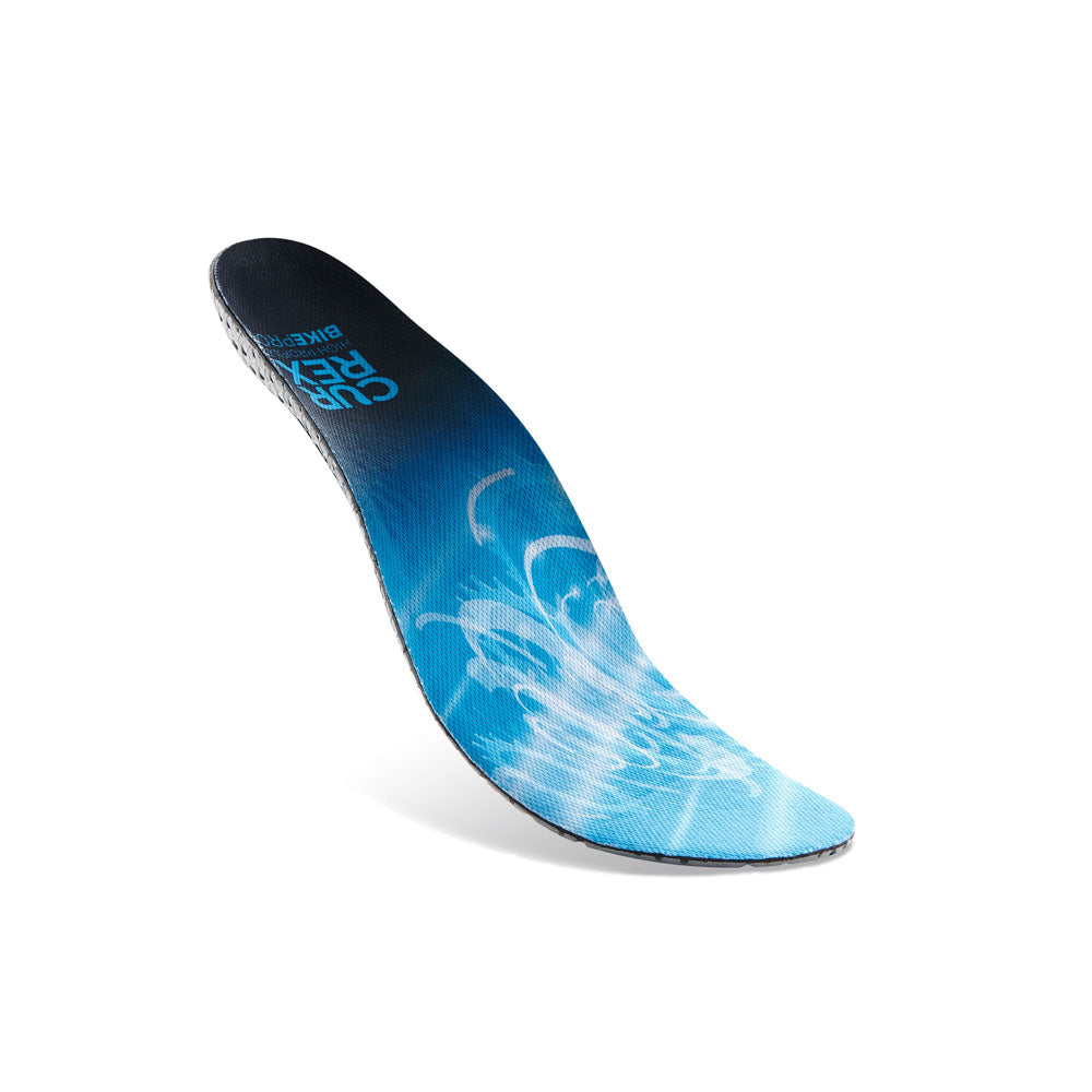 Floating top view of blue colored BIKEPRO high profile insoles with gray, red and black base #profile_high