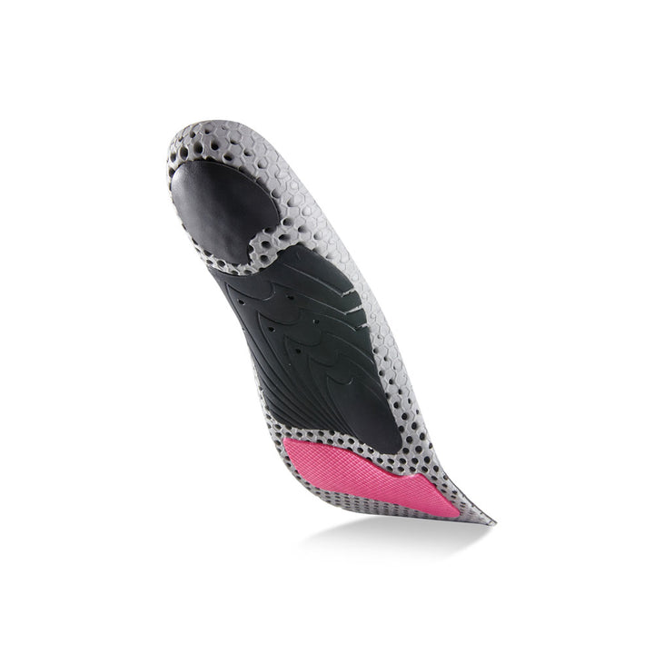 Floating base view of BIKEPRO high profile insoles with black arch support, black heel pad, red forefoot cushioning pad, gray, red and black base #profile_high