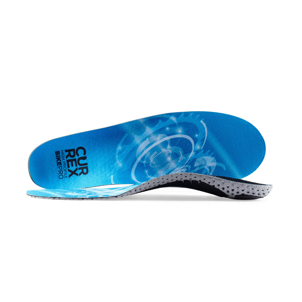 View of pair of blue high profile BIKEPRO insoles, one standing on side to show top of insole, second insole set in front showing its profile while toe is facing opposite direction #profile_high
