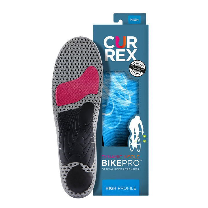 CURREX BIKEPRO insole with gray, red and black base next to teal box with blue insole inside #profile_high