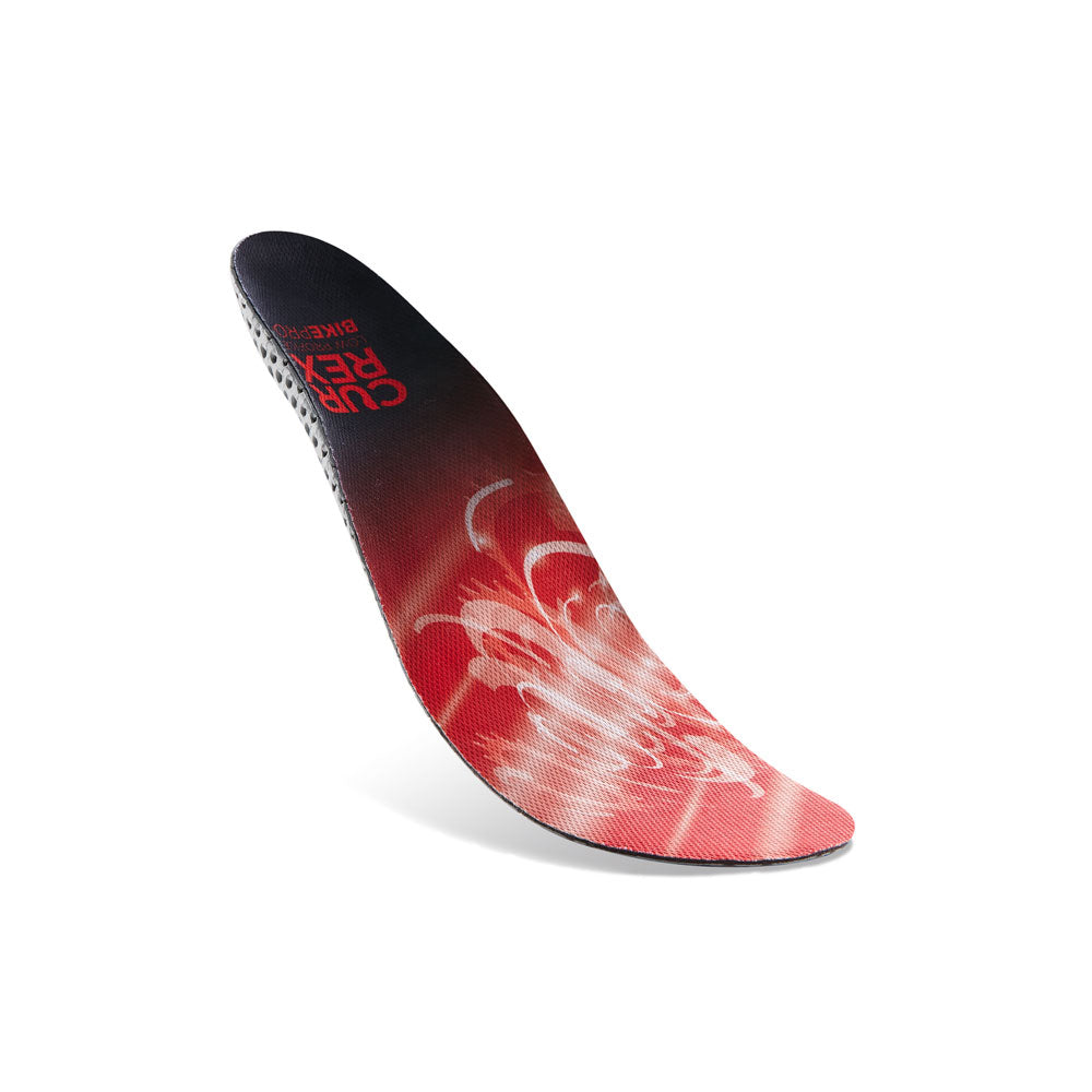 Floating top view of red colored BIKEPRO low profile insoles with gray, red and black base #profile_low