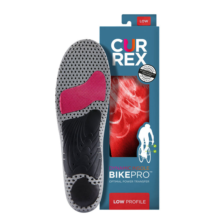 CURREX BIKEPRO insole with gray, red and black base next to teal box with red insole inside #profile_low