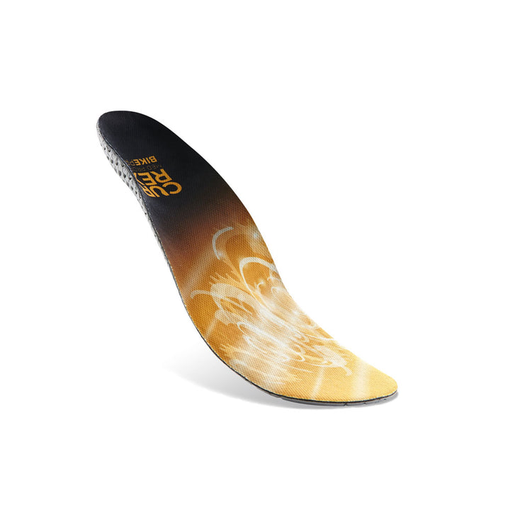 Floating top view of yellow colored BIKEPRO medium profile insoles with gray, red and black base #profile_medium