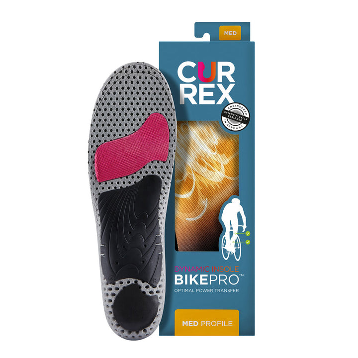 CURREX BIKEPRO insole with gray, red and black base next to teal box with yellow insole inside #profile_medium