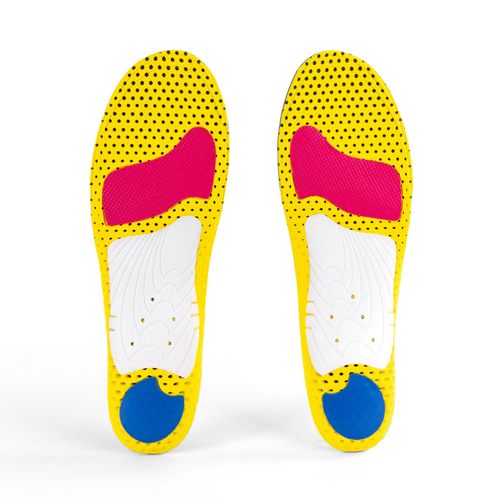 Base view of CLEATPRO high profile insole pair with white arch support, blue heel pad, red forefoot cushioning pad, yellow, red, white, and blue base #profile_high
