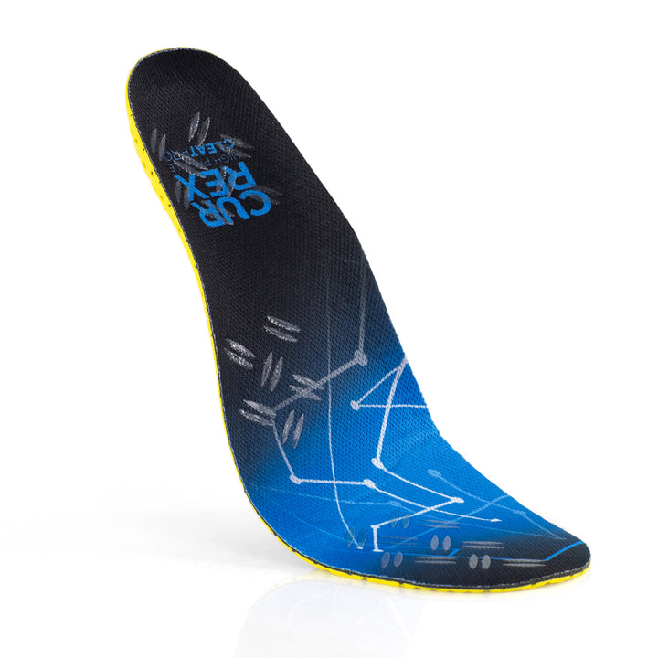 Floating top view of blue colored CLEATPRO high profile insoles with yellow, red, white, and blue base #profile_high