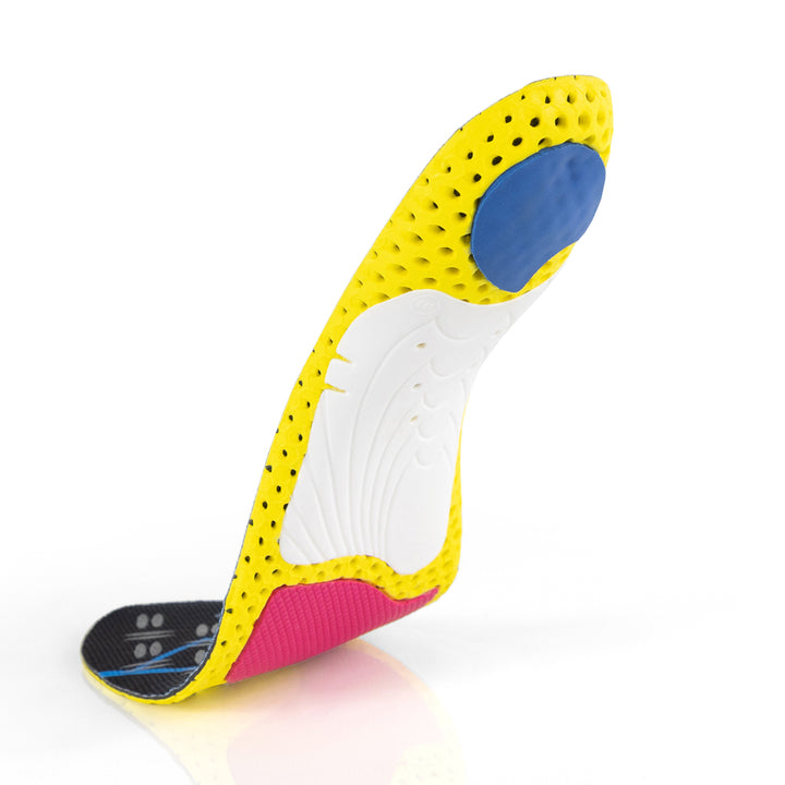 Floating base view of CLEATPRO high profile insoles with white arch support, blue heel pad, red forefoot cushioning pad, yellow, red, white, and blue base #profile_high