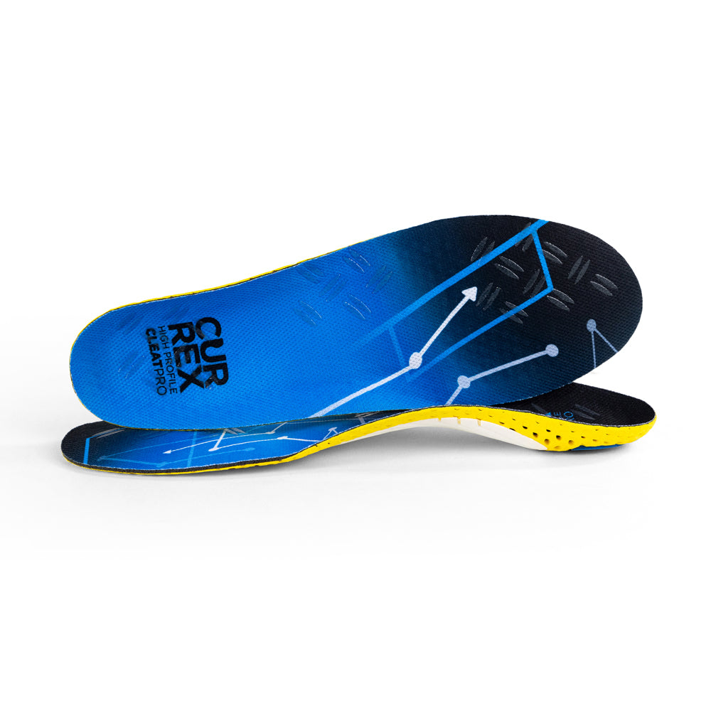 View of pair of blue high profile CLEATPRO insoles, one standing on side to show top of insole, second insole set in front showing its profile while toe is facing opposite direction #profile_high