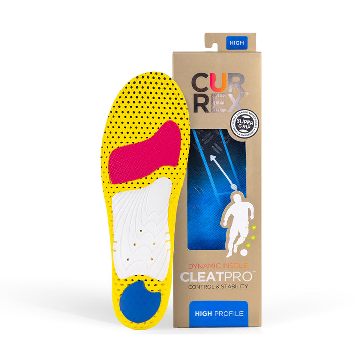 CURREX CLEATPRO insole with yellow, red, white, and blue base next to light brown box with blue insole inside #profile_high