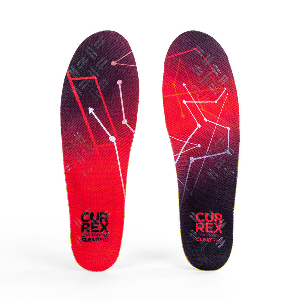 Top view of red colored CLEATPRO low profile pair of insoles #profile_low