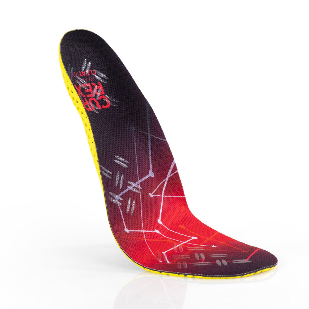 Floating top view of red colored CLEATPRO low profile insoles with yellow, red, white, and blue base #profile_low