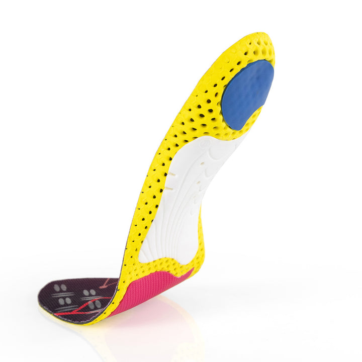 Floating base view of CLEATPRO low profile insoles with white arch support, blue heel pad, red forefoot cushioning pad, yellow, red, white, and blue base #profile_low