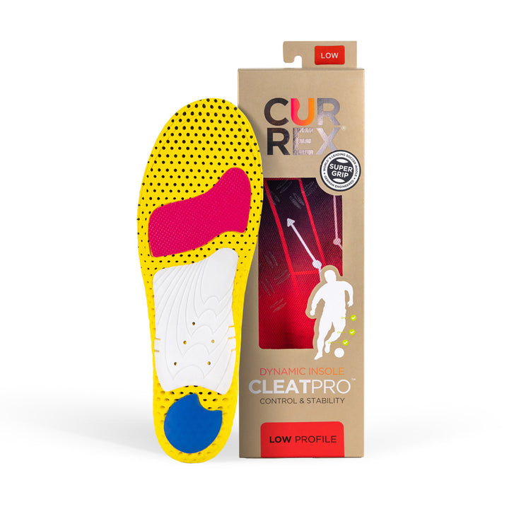 CURREX CLEATPRO insole with yellow, red, white, and blue base next to light brown box with red insole inside #profile_low