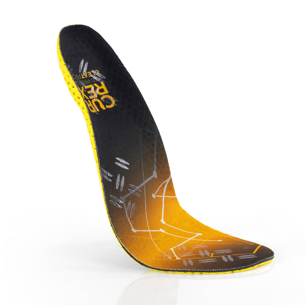 Floating top view of yellow colored CLEATPRO medium profile insoles with yellow, red, white, and blue base #profile_medium