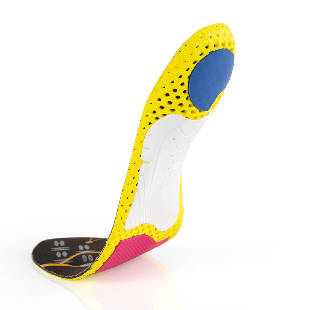 Floating base view of CLEATPRO medium profile insoles with white arch support, blue heel pad, red forefoot cushioning pad, yellow, red, white, and blue base #profile_medium