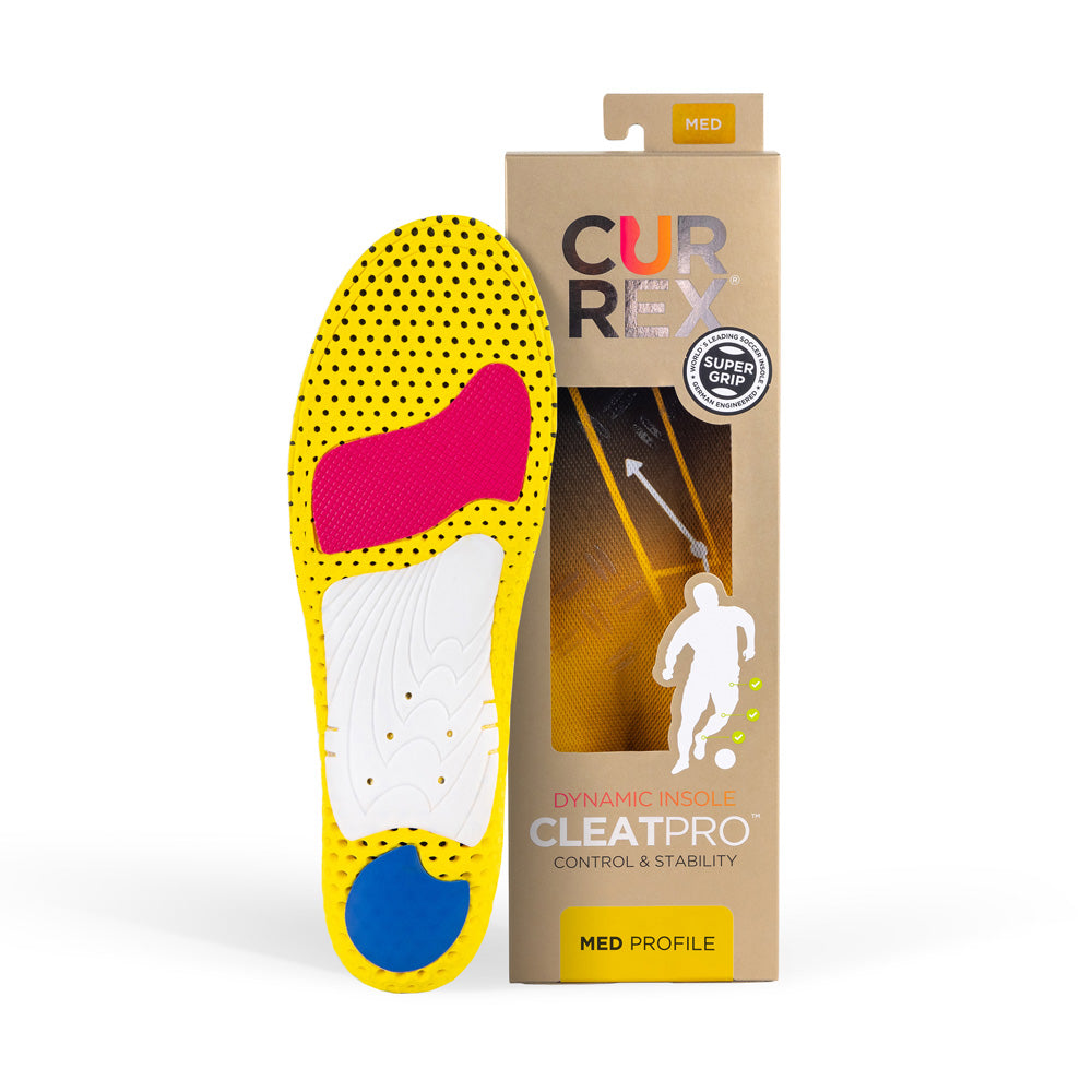 CURREX CLEATPRO insole with yellow, red, white, and blue base next to light brown box with yellow insole inside #profile_medium