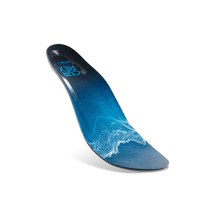Floating top view of blue colored EDGEPRO high profile insoles with gray, red and black base #profile_high